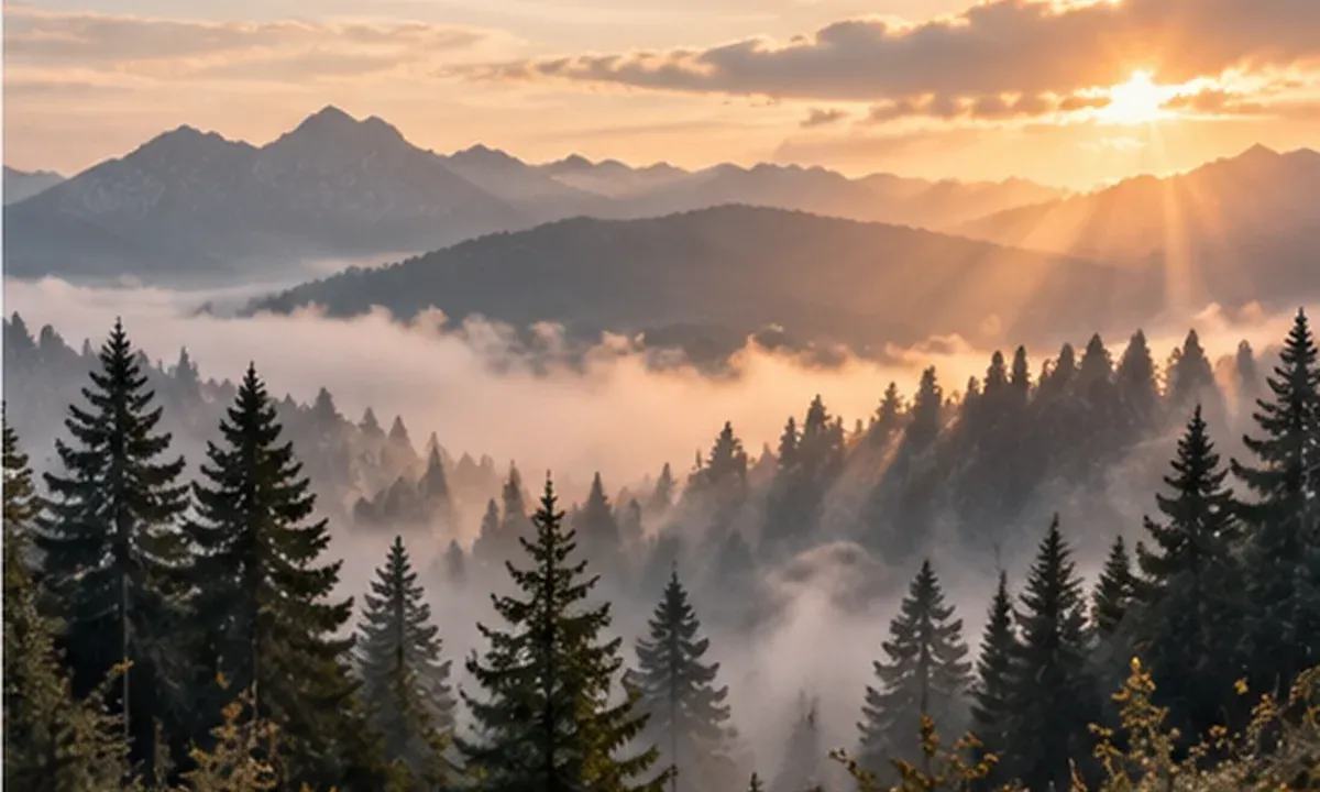 Ruhiger Wald und Berge im weichen Morgenlicht