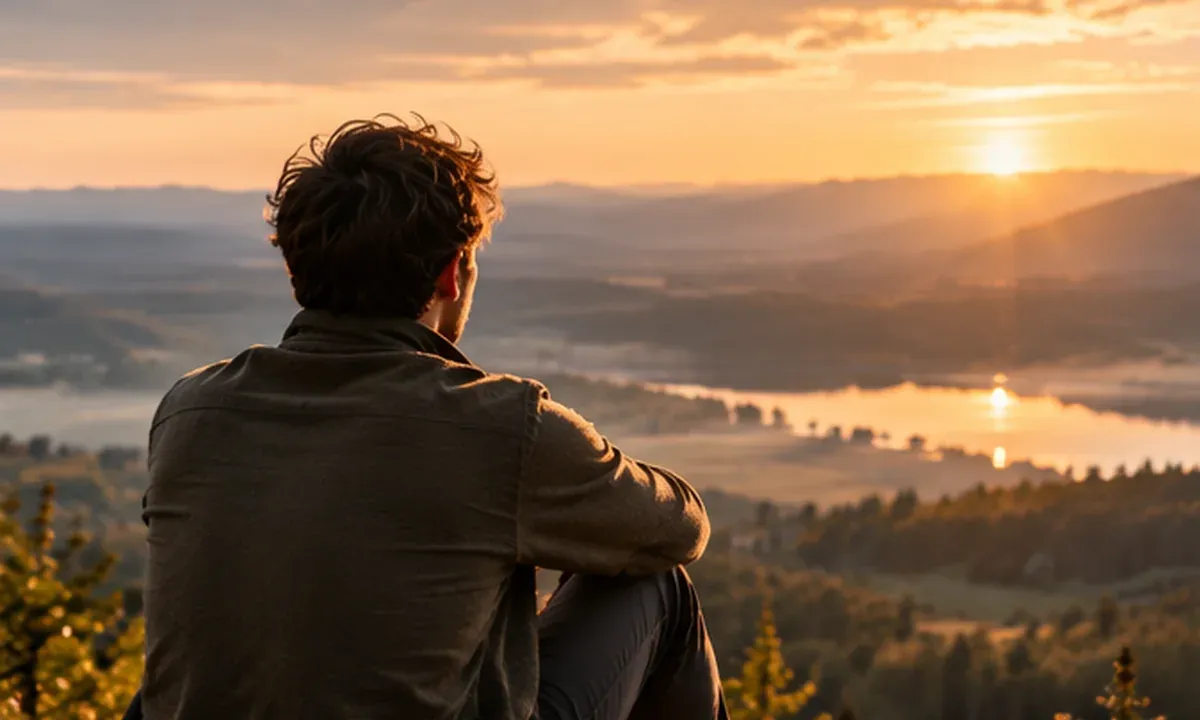 Allein sitzender Mensch mit weitem Blick über eine Landschaft