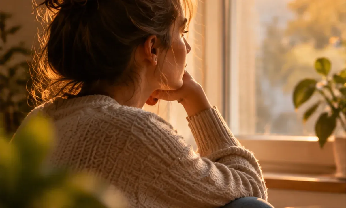 Nachdenkliche Frau am Fenster in ruhiger Atmosphäre