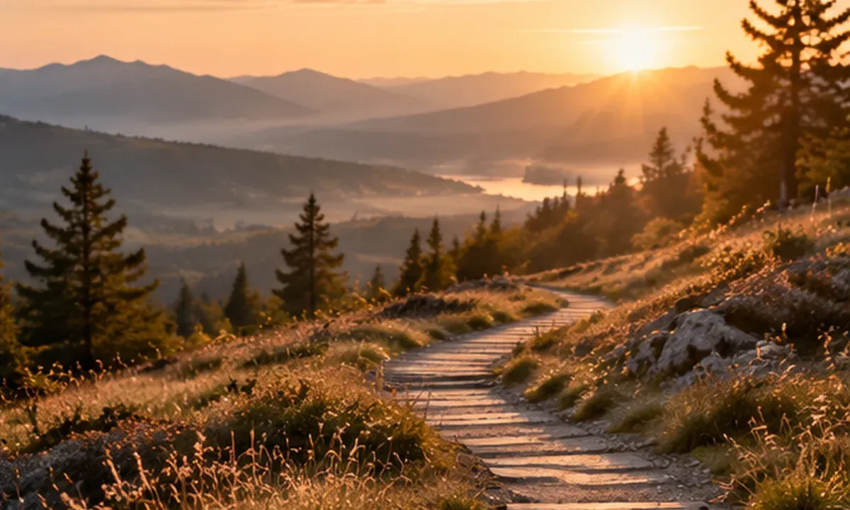 Weg durch eine weite Landschaft im warmen Licht