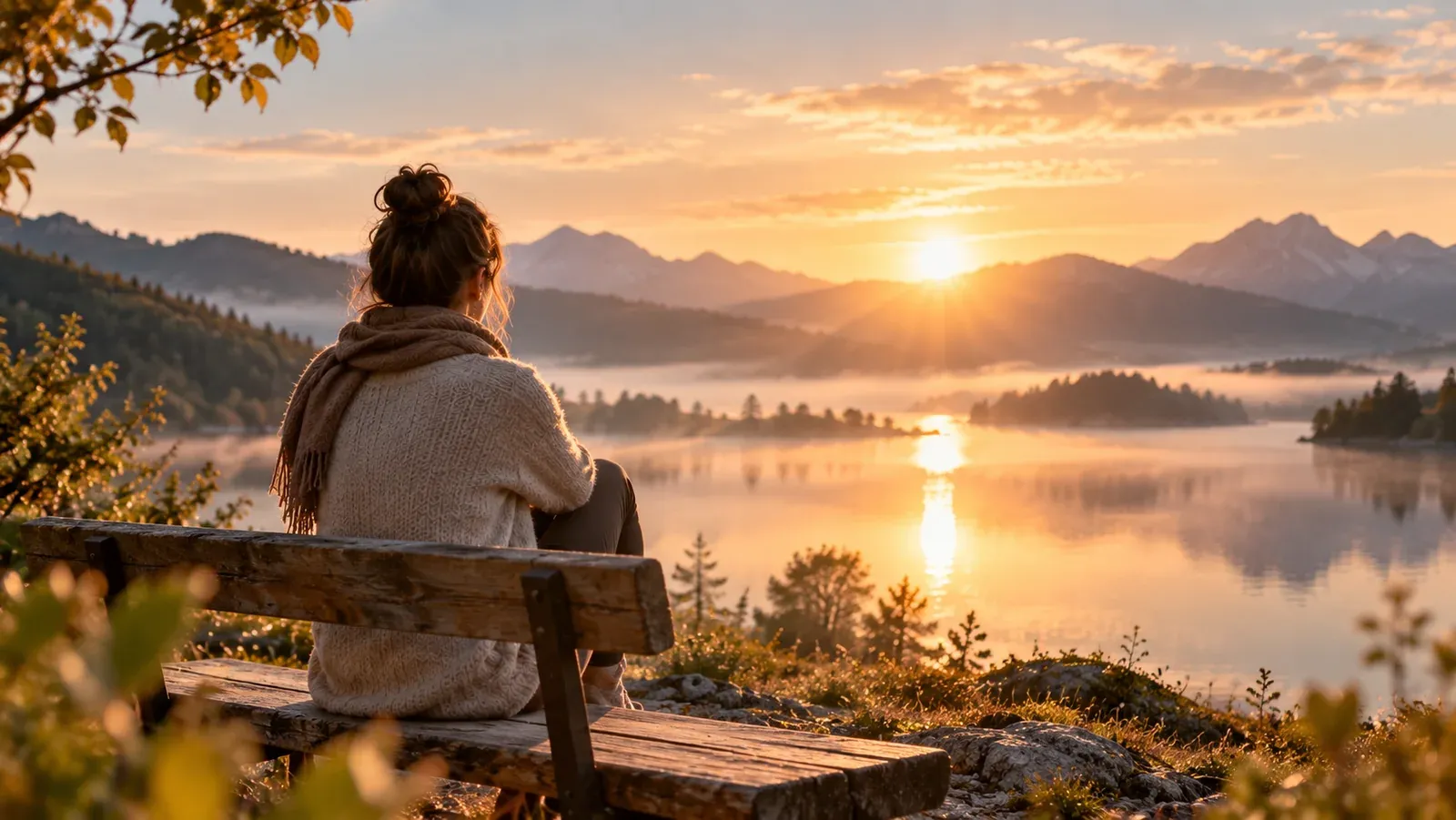 Ruhiger Bergsee im warmen Abendlicht