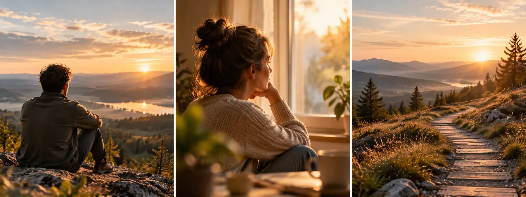 Drei ruhige Motive mit Mensch, Landschaft und einem Weg im warmen Abendlicht