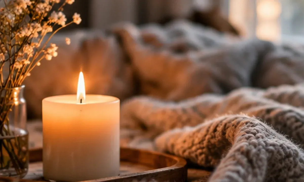 Kerze und weiche Decke in ruhigem, warmem Licht