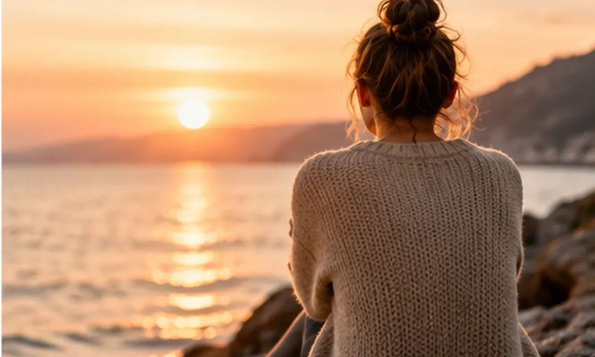 Nachdenkliche Frau mit Blick auf einen See im Abendlicht