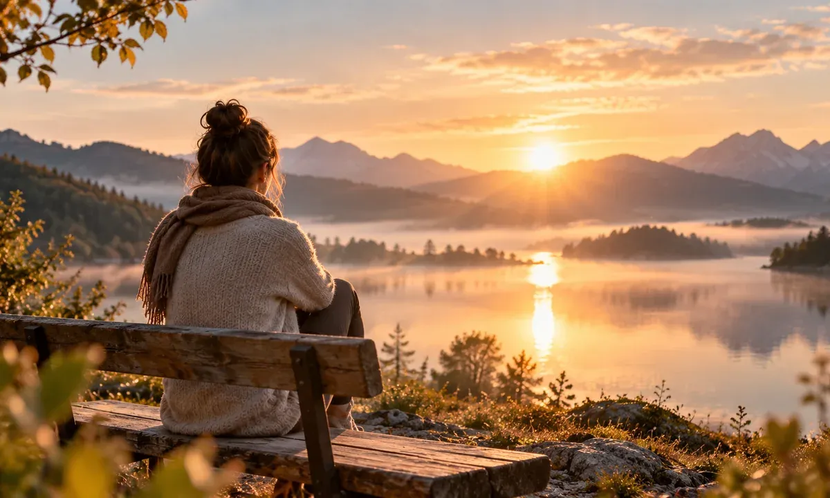 Weite Berg- und Seenlandschaft im goldenen Abendlicht